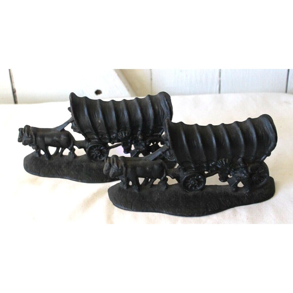 Vtg Cast Iron Pair Bookends Black 1981 Champion Hardware Co Ox Covered Wagon Cow
